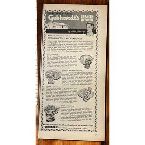 Gebhardts Chili and Spices Vintage Print Ad 1950s Helen Harvey Spanish Kitchen